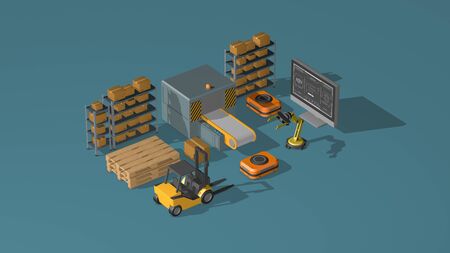 supply chain, logistics, automation, industry 4.0. concept animation, isometric view (3d render)の写真素材