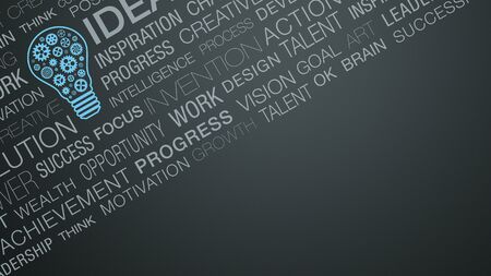 wall of text with keywords about the idea and solution concepts, blue coloured light bulb with gears inside it, copy space (3d render)の写真素材