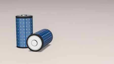 two batteries covered with solar panels, concept of renewable energy, copy space (3d render)の写真素材