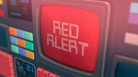 vintage science fiction computer, spaceship control room, red alert message on screen, close-up (3d render)の写真素材