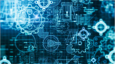 futuristic mechanical project blueprint, technical documentation, engineering computer drawing (3d render)の写真素材
