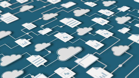 connected clouds with different file and folder icons, sharing data, concept of cloud computing, smart working, global business, big data, isometric view (3d render)の写真素材