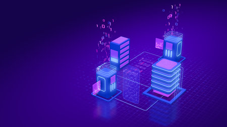 stylized illustration, concept of data center, cloud computing, data storage, copy space (3d render)の写真素材