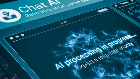 Futuristic chat ai user interface in action, artificial intelligence system, chatting with a bot, dynamics elements, advanced ai technology (3d render)の素材