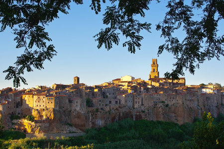 view of famous village of pitigliano among the branchesの写真素材