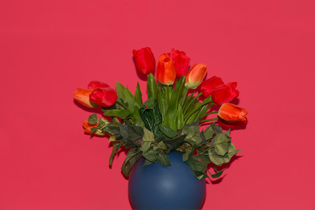 bouquet of red artificial tulips in a blue vase red backgroundの写真素材