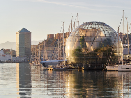 Genoa, Italy, December 8, 2016: Porto Antico (ancient port): Renzo Piano Sphere and Pencil (big pencil) building in the backgroundのeditorial素材