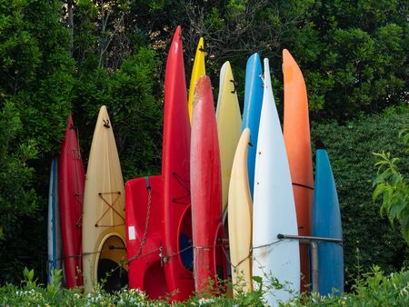 colorful group of plastic canoes and kayaks stored in vertical, surrounded by trees and bushes
の写真素材