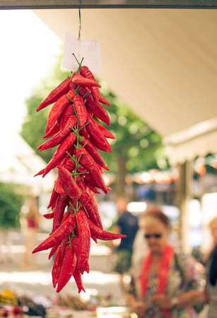 red peppers hang on the marketの写真素材