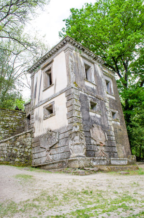 Bomarzo, Lazio-Italy, April 20, 2013 - The Leaning house inside the Bomarzo monster's gardenのeditorial素材