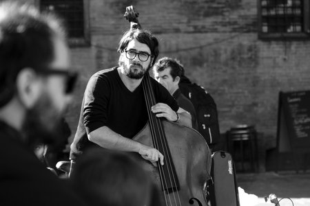 Bologna, Italy, October 15 2016 - black and white still of a contrabass street performer while playing for the passersのeditorial素材