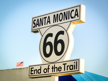 Santa Monica Route 66 End of the Trail sign California Los Angeles landmark vintage vignetteの写真素材