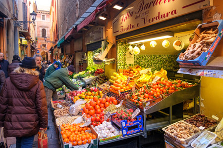 Bologna, Italy, 05 Jan 2017 - greengrocers displaying their wares in Via Pescherie Vecchie, a famous street in the historic center of Bolognaのeditorial素材