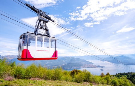 Stresa, Italy, May 22 2017 - an aerial cableway cabin go downhill from the mount Mottarone top to the Lake Maggioreのeditorial素材
