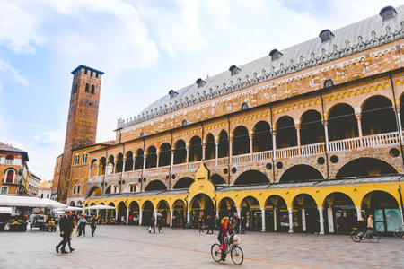 Palazzo della Ragione from crowded Piazza della Frutta in Padova, Italy 24 April 2017のeditorial素材