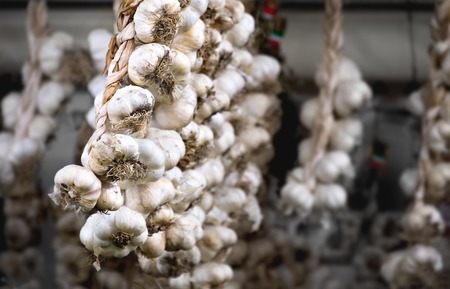 italian market garlic string hang backgroundの写真素材