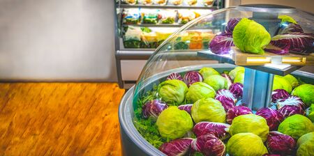vegetable market refrigerator lettuce salad at supermarket horizontal backgroundの写真素材