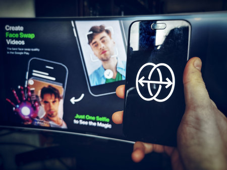 hand use face swap app icon Reface App on smartphoneのeditorial素材