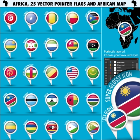 Africa Pointer Flag Icons with african Map set2のイラスト素材