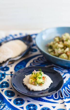 Ceviche with Tapioca on a blue and white background.の写真素材