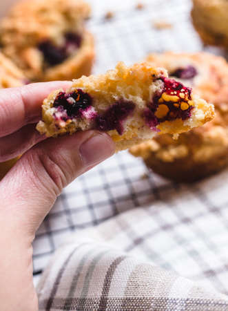Blackberry muffin on a cooling rack and rustic napkin ..