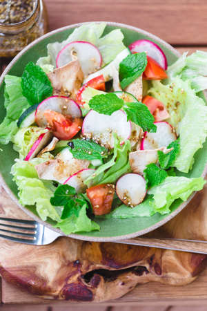 Fattoush salad with pomegranate syrup sauce.の写真素材