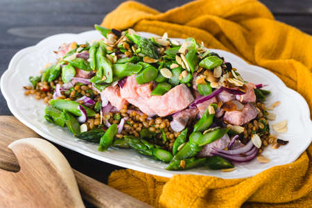Salmon barley salad with asparagus.の写真素材