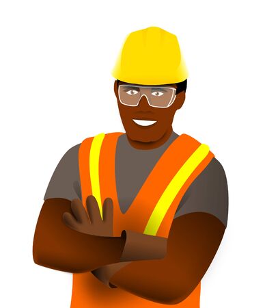 Illustration of a worker with his reflective vest, helmet and crossed armsの写真素材