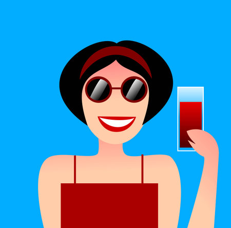 Pretty girl with sunglasses smiling with sodaの写真素材