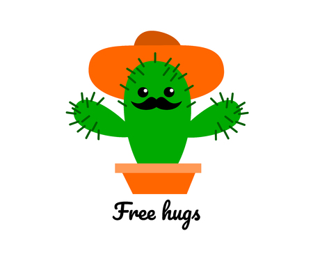 A funny illustration of a cactus with mustache and hat giving free hugsのイラスト素材