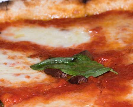detail of pizza with tomato and mozzarella and basil leaf in the foregroundの写真素材