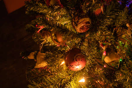 christmas celebration decoration, tree, balls and lightsの写真素材