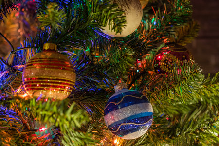 christmas celebration decoration, tree, balls and lightsの写真素材