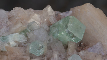 Macro of an apophyllite and stilbite mineral specimen on a black backgroundの写真素材