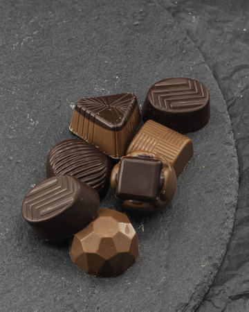 chocolates filled with various assorted flavors on a stone plateの写真素材