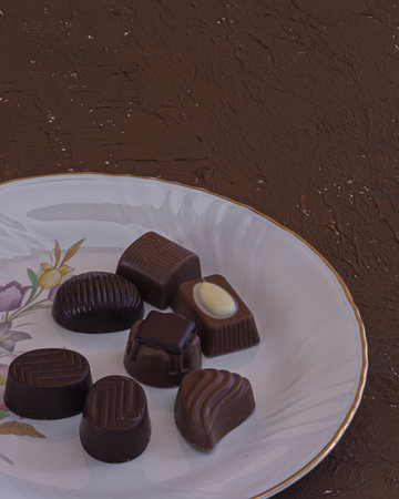 filled chocolate candies various assorted flavors on white plateの写真素材