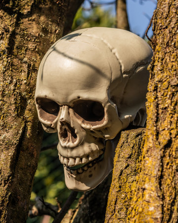Step into a world of Halloween enchantment with this meticulously crafted, eerie plastic skull nestled amidst the dew-kissed blades of grass, bringing a sense of otherworldly wonder to your outdoor decorの写真素材