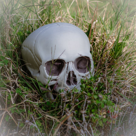 Spooky Halloween decor: Plastic skull nestled in eerie grass, perfect for haunted house ambianceの写真素材