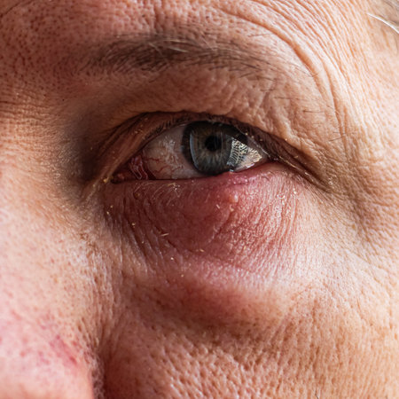 Macro shot of an elderly person's eye with visible wrinkles and detailsの写真素材