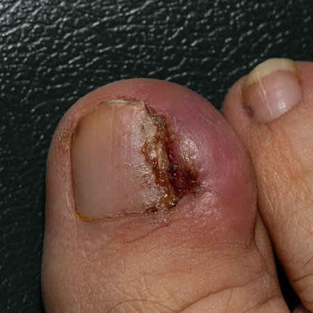 Close-up of an infected toe with visible signs of inflammation and injury