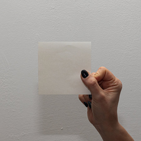 A detailed image capturing a woman's hand presenting a translucent piece of paper, perfect for customization with graphics or text, against a neutral, textured backgroundの写真素材
