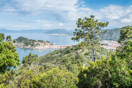 Panoramic aerial view of Sestri Levante and the Gulf of TIgullio from the path to Punta Manaraの写真素材