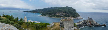 Panoramic aerial view of Portovenere in Cinque Terreの写真素材