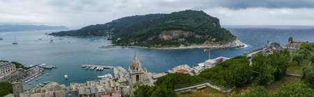 Panoramic aerial view of Portovenere in Cinque Terreの写真素材