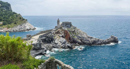 Panoramic aerial view of Portovenere in Cinque Terreの写真素材