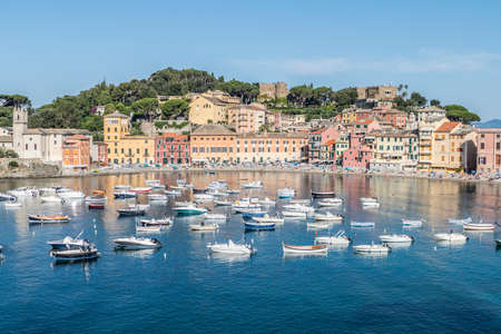panoramic aerial view of the Bay of Silence in Sestri Levante, with many colored housesのeditorial素材