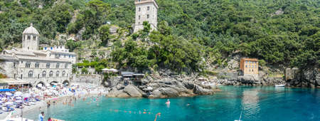 San Fruttuoso, Italy - 01/07/2020: panoramic view of the bayのeditorial素材