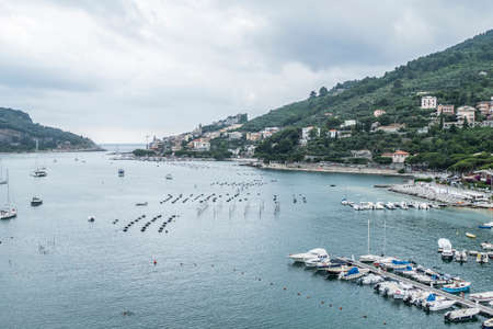 aerial view of the coastline of Portovenere and Palmaria islandの写真素材