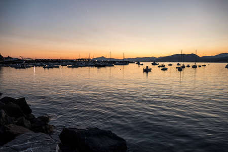 The seafront of Sestri Levante at sunsetの写真素材
