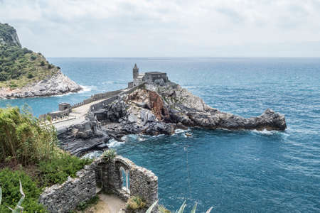 Aerial view of the church of San Pietro in Portovenere on a rocks above the seaのeditorial素材